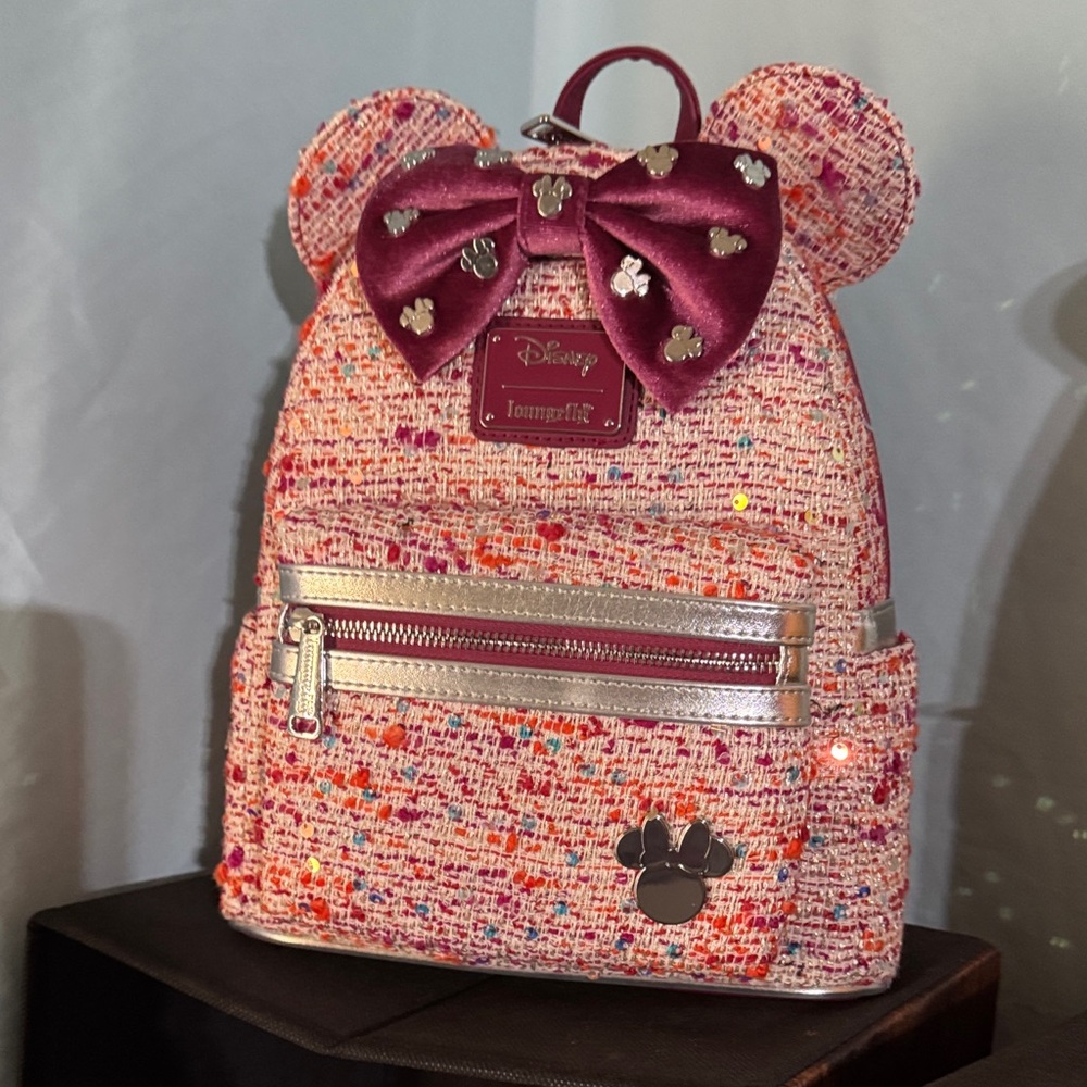 Loungefly Pink Tweed Minnie Ear Backpack with Burgundy Bow